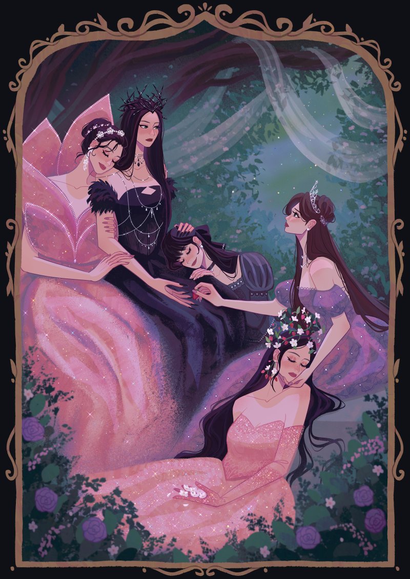 5girls, bare_shoulders, black_border, black_dress, black_hair, border, brown_hair, choker