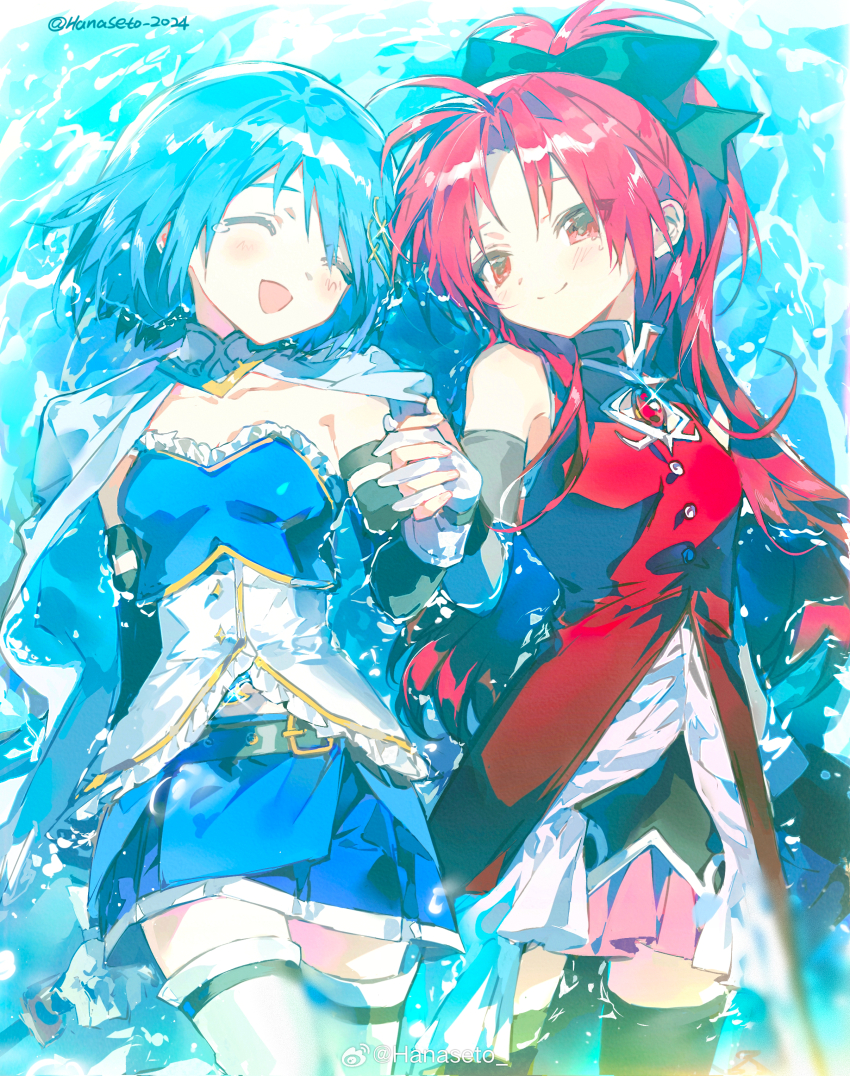 2girls, ^_^, absurdres, armlet, artist_name, bare_shoulders, belt, belt_buckle, black_belt, black_bow, black_shirt, black_sleeves, black_thighhighs, black_wrist_cuffs, blue_gem, blue_hair, blue_shirt, blue_skirt, bow, buckle, buttons, cape, chest_jewel, chinese_commentary, cleavage_cutout, closed_eyes, clothing_cutout, collared_capelet, collared_dress, commentary_request, cowboy_shot, detached_sleeves, diamond_button, dress, fingernails, frilled_dress, frilled_shirt, frills, gem, gloves, grey_sleeves, hair_bow, hanaseto, happy, happy_tears, high_collar, highres, holding_hands, interlocked_fingers, jewelry, light_blush, long_dress, long_hair, long_sleeves, looking_at_another, lying, magical_girl, mahou_shoujo_madoka_magica, mahou_shoujo_madoka_magica_(anime), microskirt, miki_sayaka, miki_sayaka_(magical_girl), miniskirt, multiple_girls, on_back, open_clothes, open_dress, open_mouth, partially_submerged, pink_skirt, pleated_skirt, ponytail, red_dress, red_eyes, red_gem, red_hair, sakura_kyoko, sakura_kyoko_(magical_girl), shirt, short_hair, skirt, sleeveless, sleeveless_dress, smile, stomach_jewel, strapless, strapless_shirt, studded_belt, tearing_up, tears, thigh_belt, thigh_strap, thighhighs, two-tone_shirt, very_long_hair, water, watermark, weibo_watermark, white_cape, white_gloves, white_shirt, white_thighhighs, wrist_cuffs, yuri