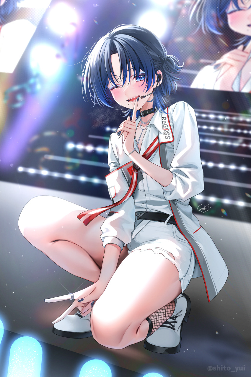 1girl, ;d, black_collar, black_nails, blue_eyeshadow, blue_hair, blurry, blurry_background