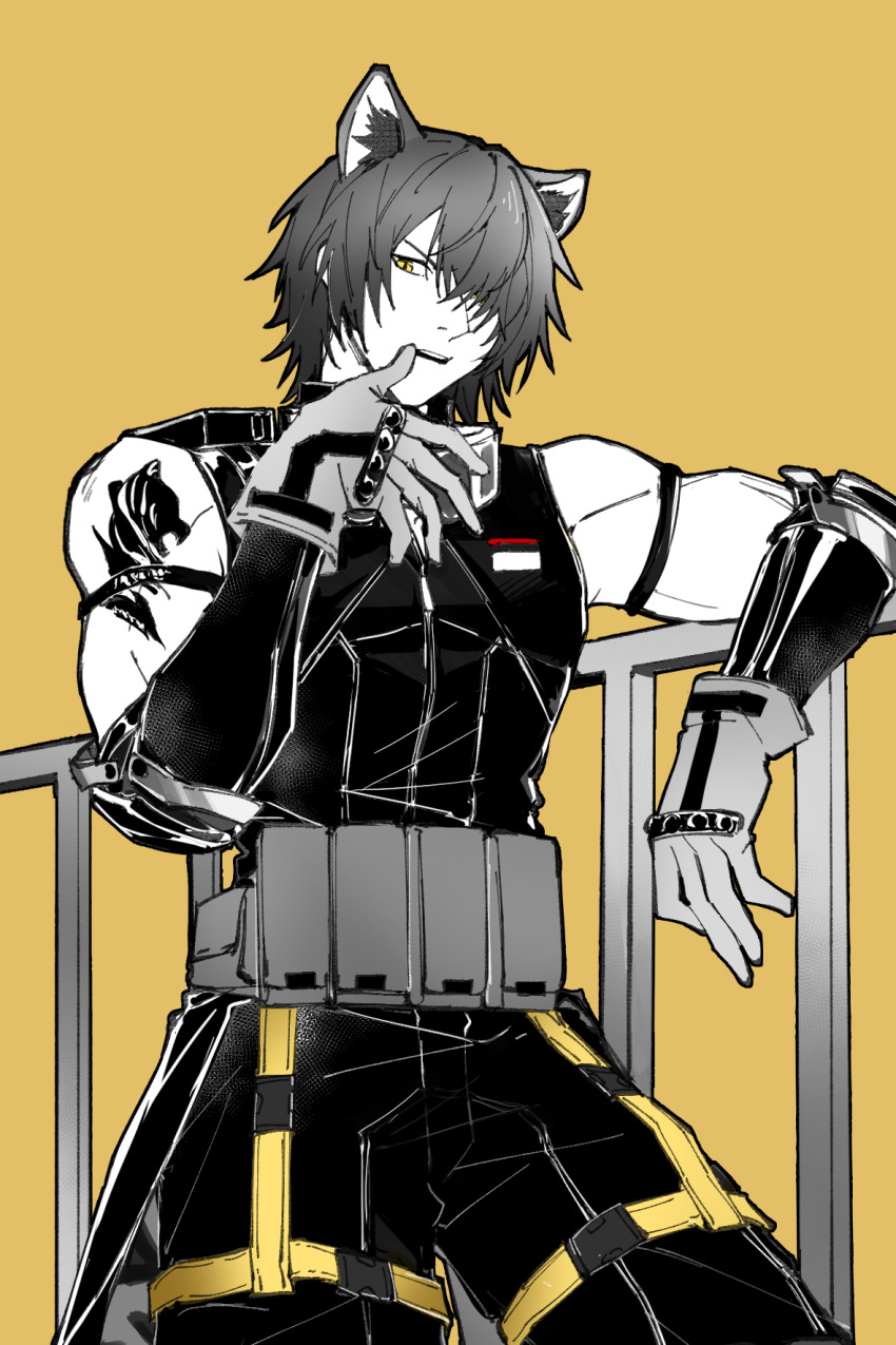 1boy, against_fence, animal_ears, arknights, belt, broca_(arknights), broca_(rest_between_sets)_(arknights), cowboy_shot