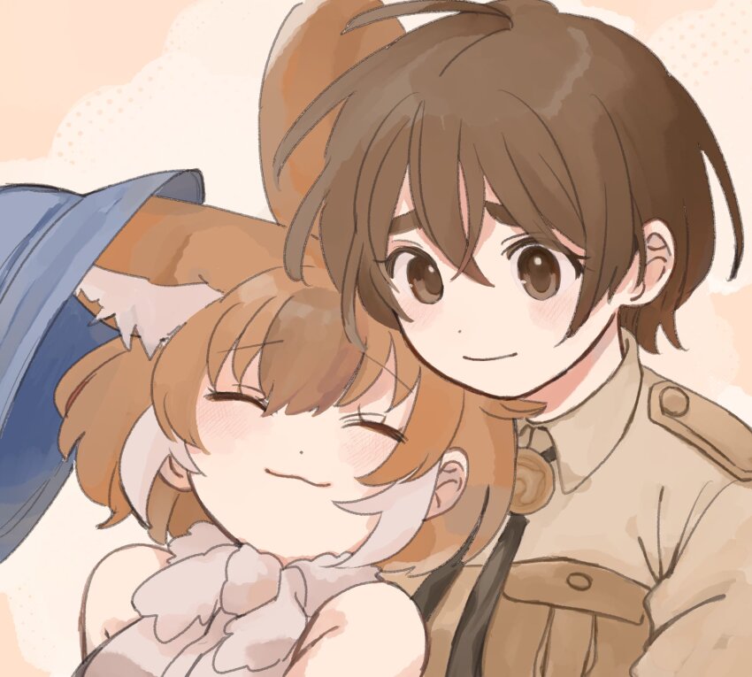 03sa40, 1boy, 1girl, :3, animal_ears, bare_shoulders, black_hair, blush, brown_eyes, brown_hair, bucket_hat, captain_(kemono_friends), closed_eyes, couple, dhole_(kemono_friends), dog_ears, dog_girl, extra_ears, hat, highres, jacket, kemono_friends, kemono_friends_3, looking_at_another, multicolored_hair, safari_jacket, shirt, short_hair, short_sleeves, sleeveless, smile, two-tone_hair, white_hair