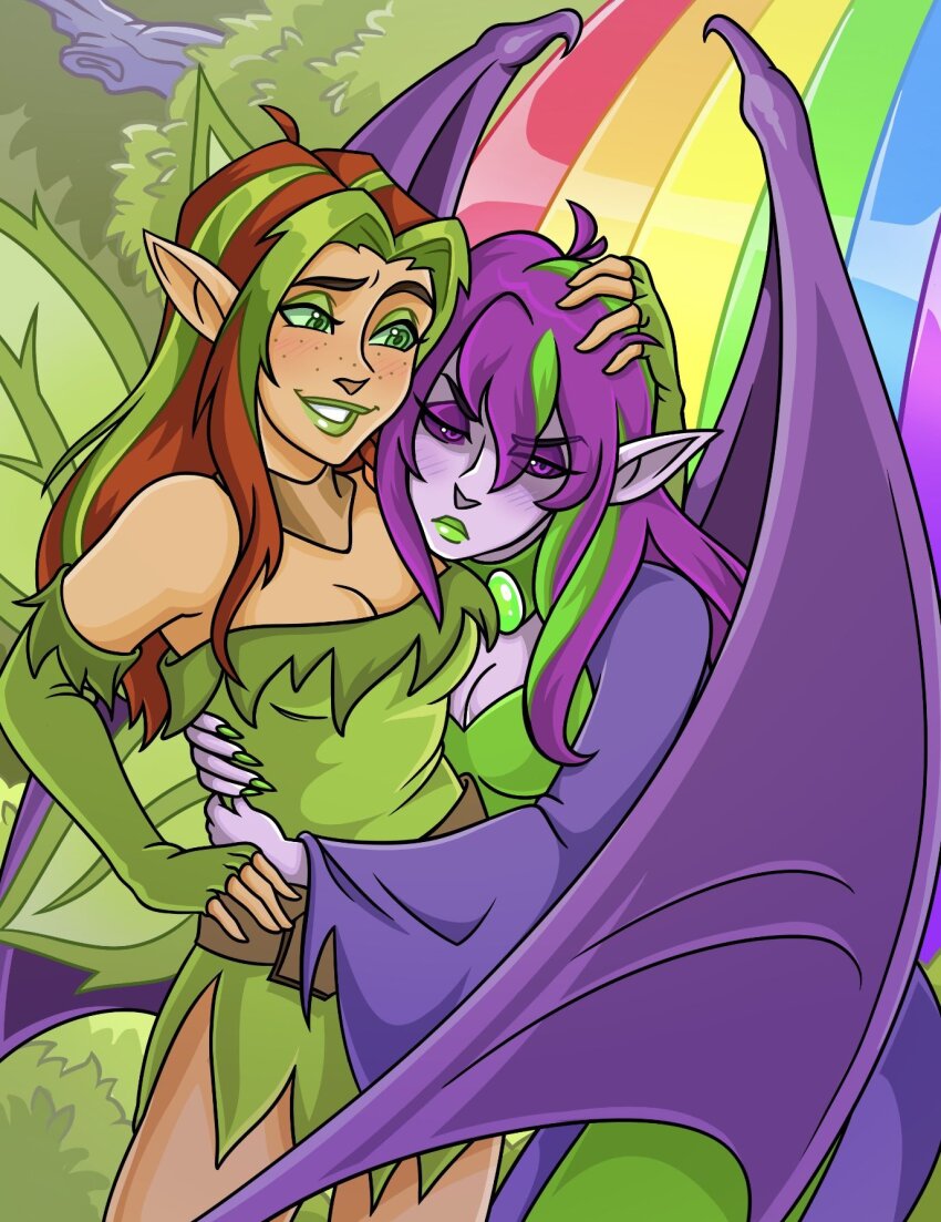 2girls, ahoge, breasts, brown_hair, cleavage, colored_sclera, colored_skin, commentary