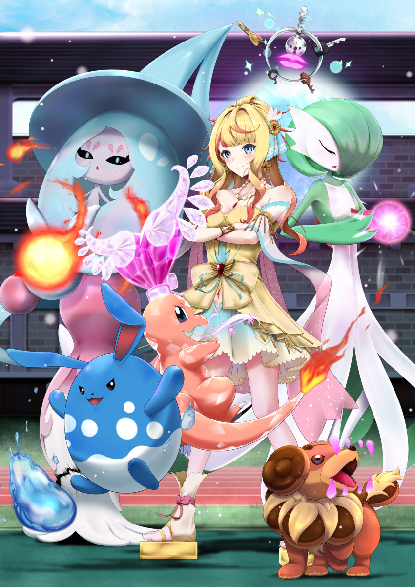 3girls, :3, absurdly_long_hair, absurdres, aqua_tail_(pokemon), arms_up, azumarill, bare_shoulders