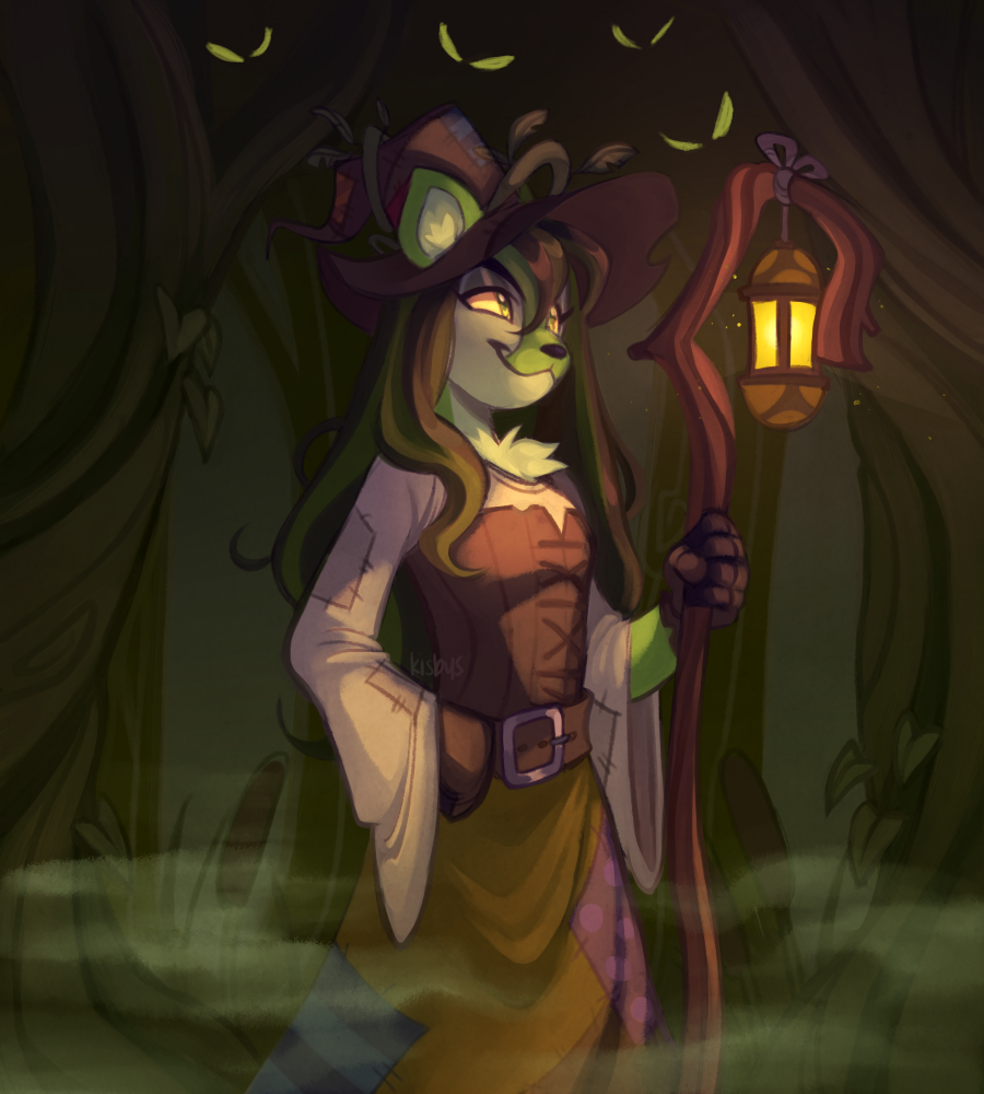 1girl, :3, animal_ears, animal_nose, belt, black_hair, cattail, colored_sclera, commentary, english_commentary, fog, furry, furry_female, gloves, goat_ears, goat_girl, green_eyes, green_fur, green_hair, hat, holding, holding_staff, ixi_(neopets), kisbys, lantern, leaf, long_sleeves, multicolored_hair, neopets, outdoors, plant, solo, sophie_the_swamp_witch, staff, streaked_hair, tree, vines, wetland, witch, witch_hat, yellow_sclera