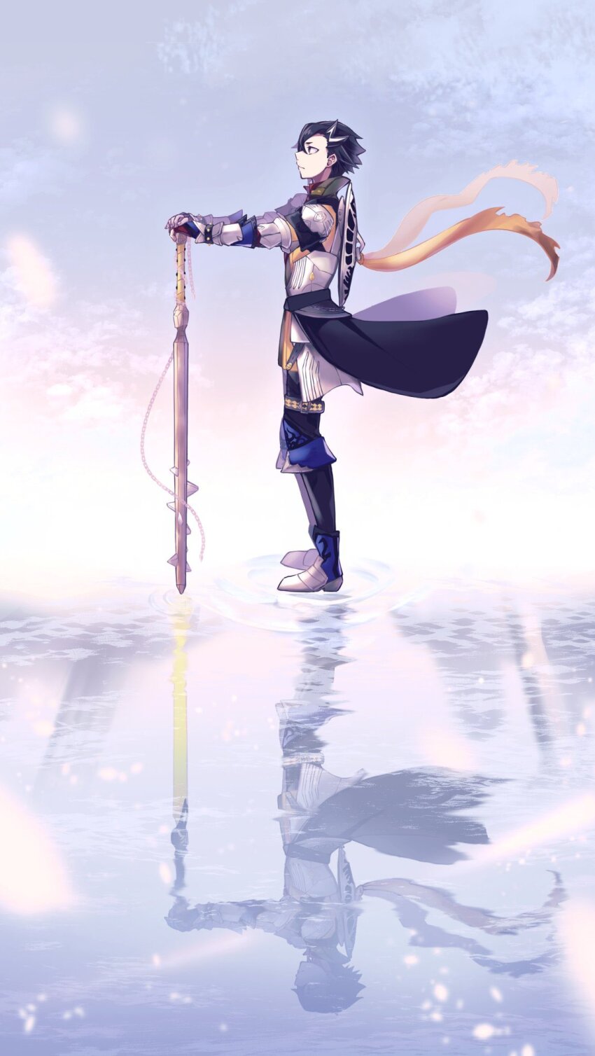 1boy, arm_guards, armor, armored_boots, black_hair, boots, breastplate, fate/grand_order