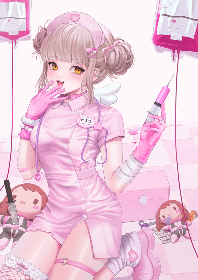 1girl, aegyo_sal, alternate_costume, angel_wings, blonde_hair, blood, blood_bag, blunt_bangs