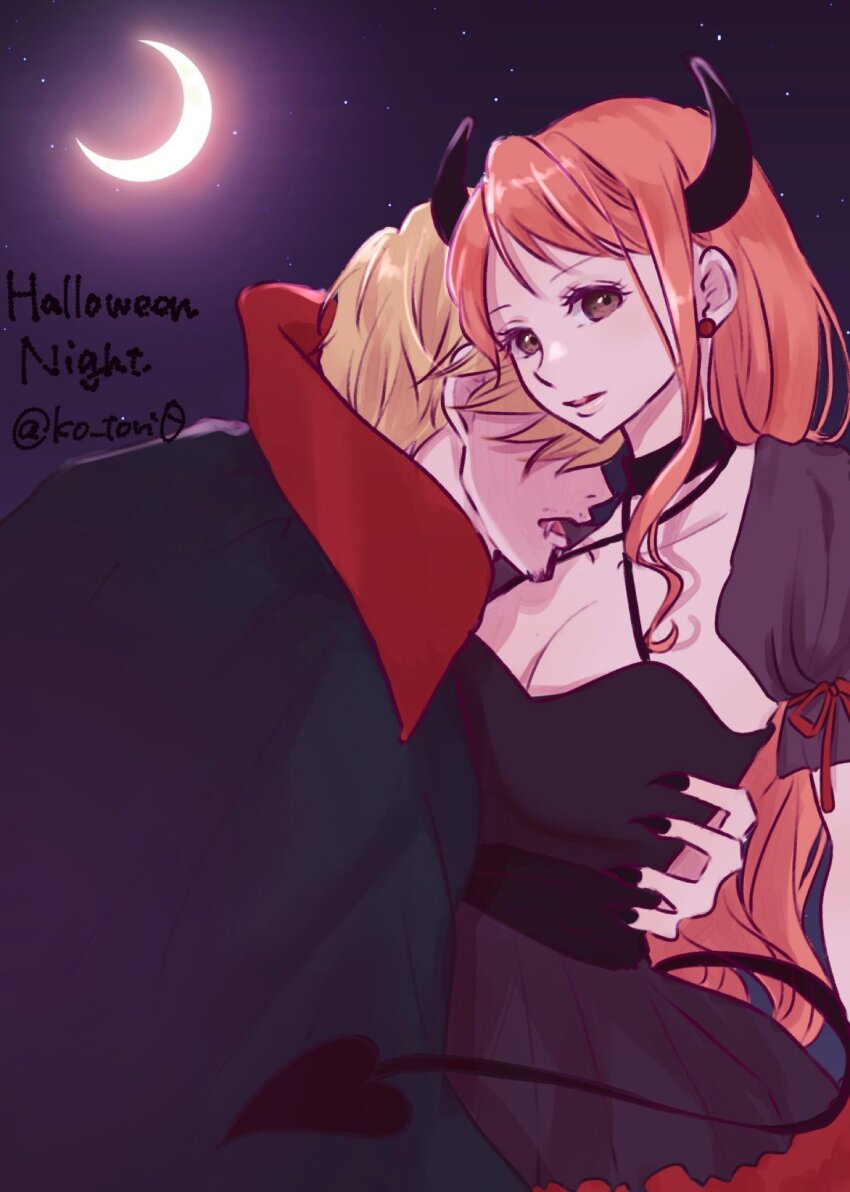 1boy, 1girl, black_cape, black_dress, black_horns, black_nails, blonde_hair, brown_eyes