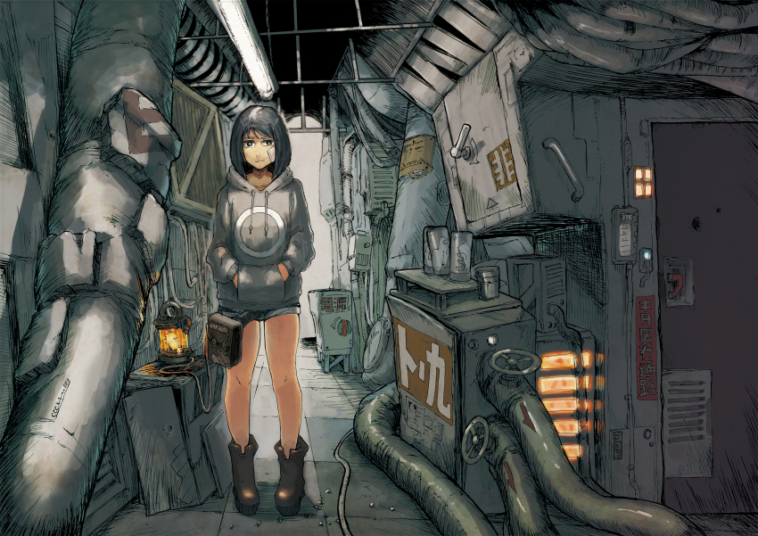 1girl, absurdres, bag, bandage_on_cheek, bandaid, bandaid_on_face, black_hair, boots