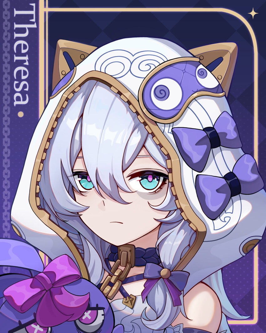 1girl, absurdres, ang55523671, animal_hood, bags_under_eyes, bare_shoulders, blue_eyes, border