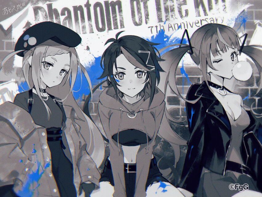 3girls, ;), absurdres, artist_name, ayappe_taicho, belt, black_belt, black_choker