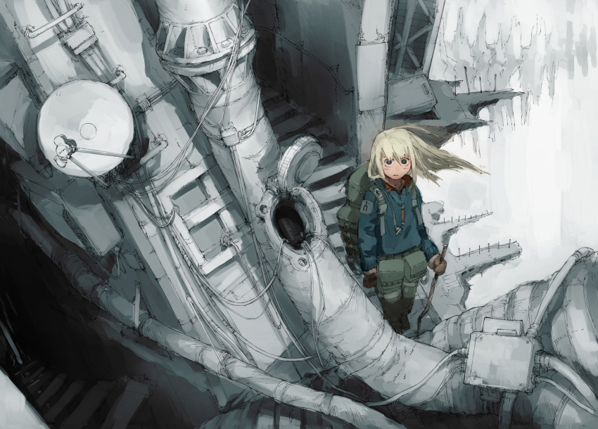 1girl, absurdres, backpack, bag, black_hair, blonde_hair, brown_mittens, cable, cane, commentary, english_commentary, floating_hair, from_above, highres, holding, holding_cane, industrial_pipe, long_hair, mittens, original, satellite, shift96, solo, stairs