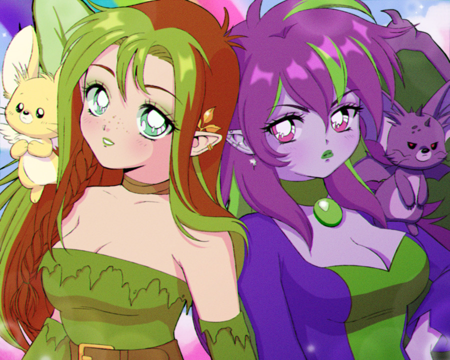1990s_(style), 2girls, animification, belt, braid, breasts, choker, cleavage, colored_skin, commentary, creature, demon_girl, demon_wings, english_commentary, faellie, fairy, fairy_wings, freckles, gem, green_eyes, green_hair, illusen, jhudora, large_breasts, long_hair, looking_at_viewer, multicolored_hair, multiple_girls, neopets, orange_hair, petpet, pointy_ears, purple_eyes, purple_hair, purple_skin, retro_artstyle, smile, strapless, streaked_hair, upper_body, vampire_valentine, wings