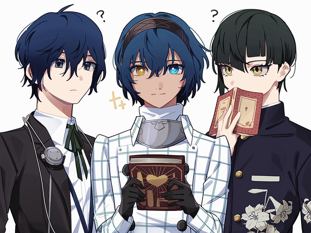 3boys, ?, black_gloves, black_hair, blue_eyes, blue_hair, book, closed_mouth