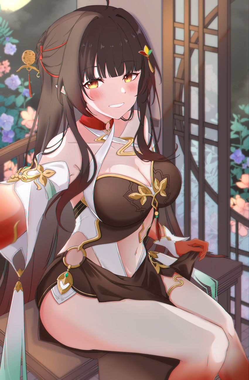 1girl, absurdres, akar1, architecture, bare_legs, bare_shoulders, blush, breasts, brown_dress, brown_hair, cleavage, clothing_cutout, collarbone, colored_extremities, commentary, criss-cross_halter, detached_sleeves, diamond-shaped_pupils, diamond_(shape), dress, east_asian_architecture, feet_out_of_frame, from_side, hair_ornament, halterneck, highres, honkai:_star_rail, honkai_(series), indoors, large_breasts, legs, lingsha_(honkai:_star_rail), long_hair, looking_at_viewer, navel, orange_eyes, pointy_ears, red_hands, short_sleeves, sitting, smile, solo, stomach, stomach_cutout, symbol-shaped_pupils, very_long_hair, white_sleeves