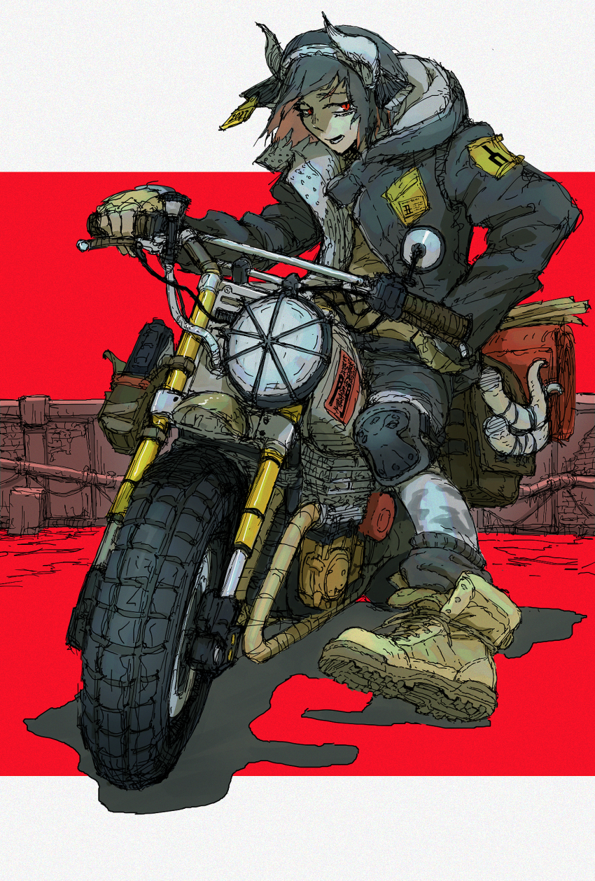 1boy, animal_ears, black_jacket, commentary, cow_ears, detached_horns, ear_tag, fingerless_gloves