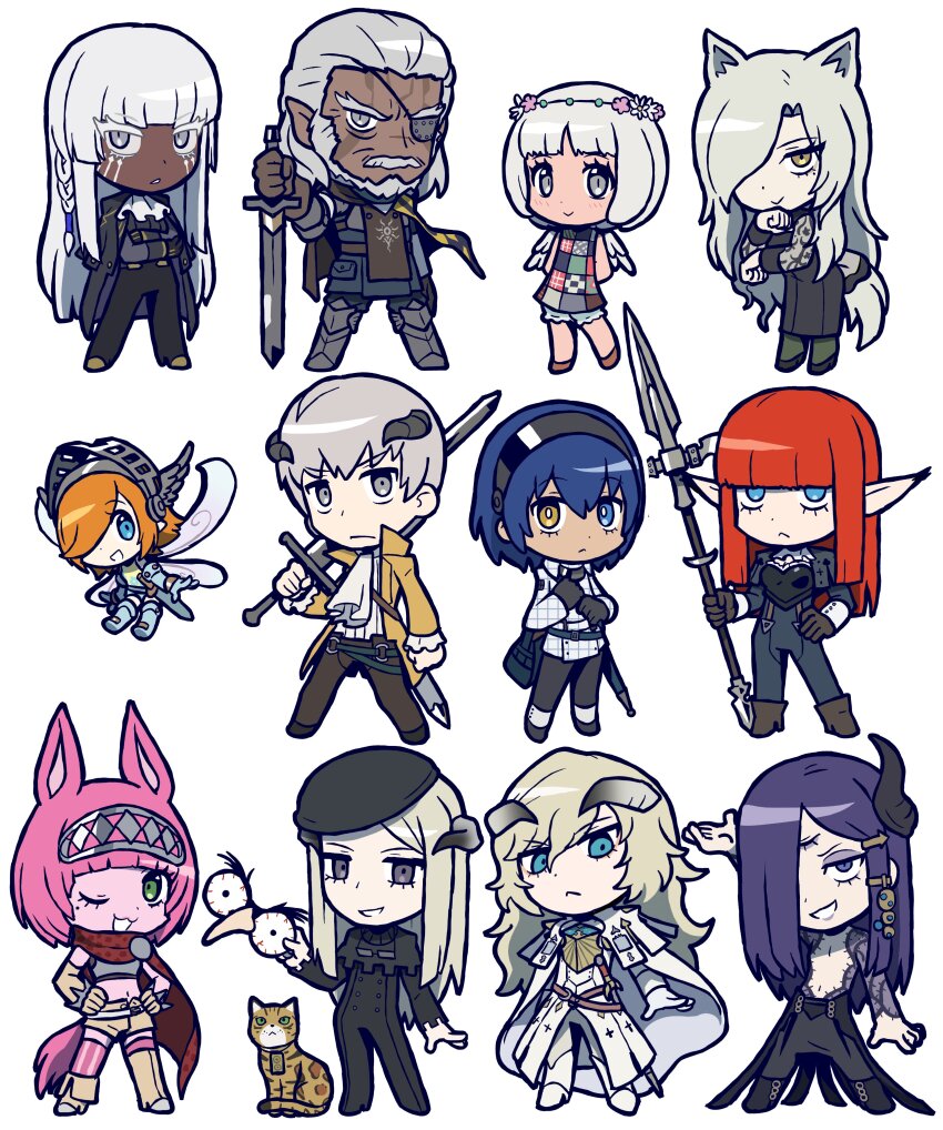 6+boys, 6+girls, absurdres, animal, animal_ears, armor, arms_up, black_gloves, black_hat, blue_eyes, blue_hair, blunt_bangs, brigitta_(metaphor:_refantazio), cat, catherina_(metaphor:_refantazio), character_request, chibi, closed_mouth, commentary_request, dark-skinned_female, dark-skinned_male, dark_skin, dress, eyepatch, fabienne_(metaphor:_refantazio), facial_hair, fairy, gallica_(metaphor:_refantazio), glaive_(polearm), gloves, green_eyes, grey_hair, grius_(metaphor:_refantazio), hair_ornament, hair_over_one_eye, hands_on_own_hips, hat, heterochromia, highres, holding, holding_polearm, holding_sword, holding_weapon, horns, hulkenberg_(metaphor:_refantazio), long_hair, long_sleeves, louis_(metaphor:_refantazio), maria_(metaphor:_refantazio), metaphor:_refantazio, more_(metaphor:_refantazio), multiple_boys, multiple_girls, one_eye_closed, pants, pink_hair, plateau_(metaphor:_refantazio), pointy_ears, polearm, protagonist_(metaphor:_refantazio), purple_hair, red_hair, sach56000, short_hair, simple_background, standing, strohl_(metaphor:_refantazio), sword, tail, weapon, white_background, white_hair, wings, zorba_(metaphor:_refantazio)