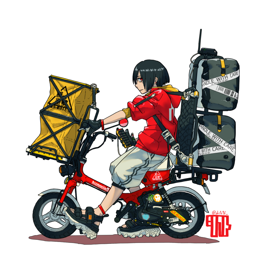 1boy, absurdres, artist_name, bicycle, black_gloves, commentary, earrings, from_side