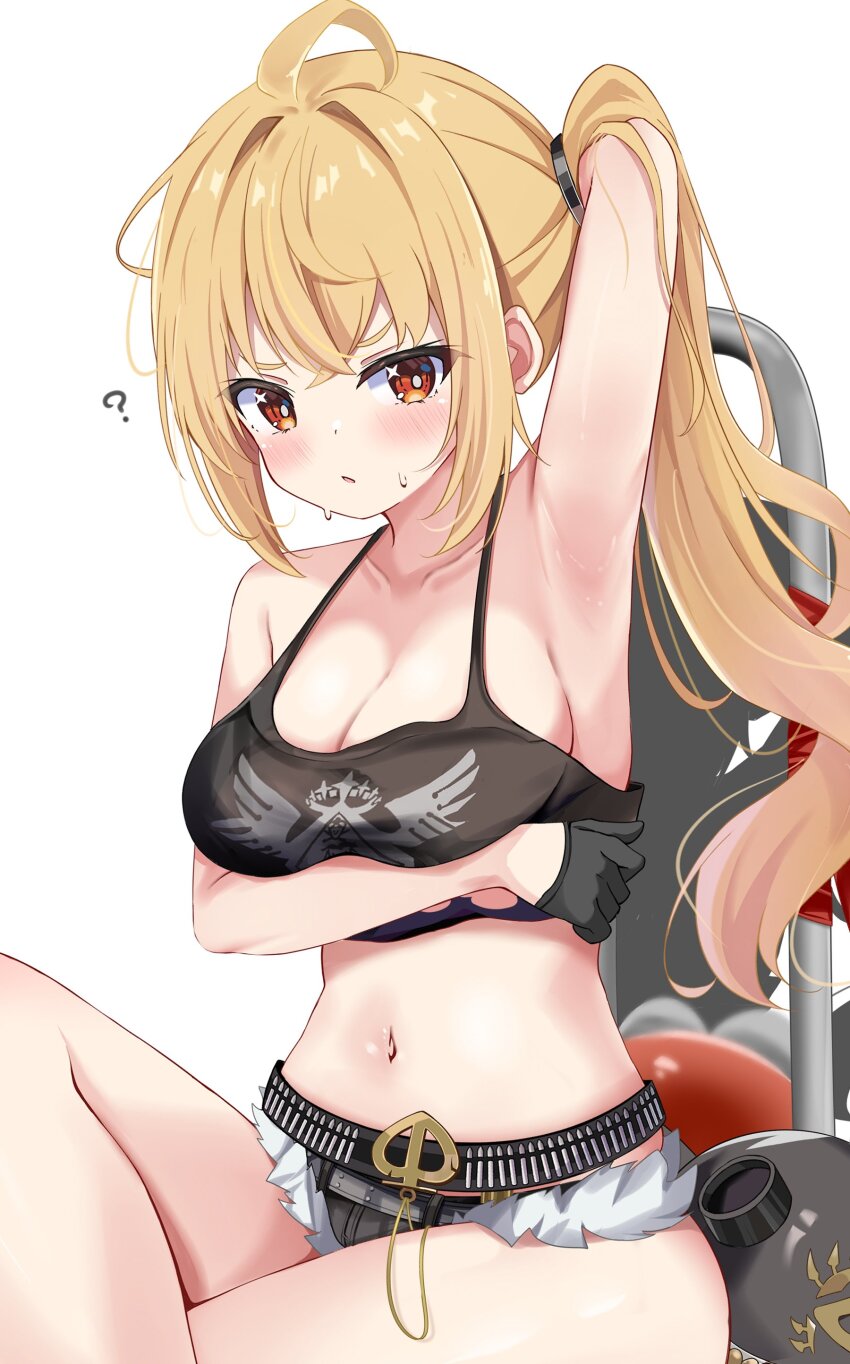 1girl, ?, absurdres, ahoge, arm_up, armpits, bare_arms, bare_shoulders