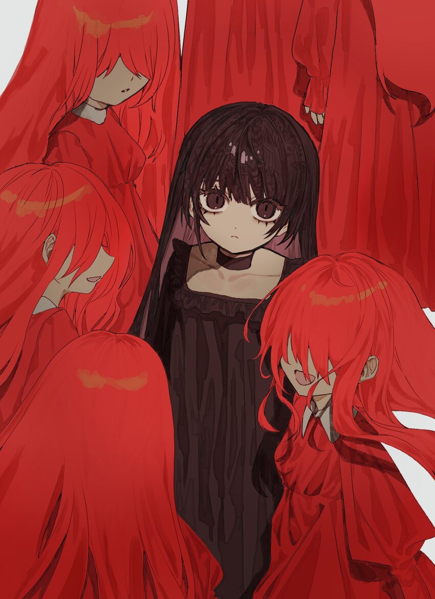 6+girls, :d, arms_at_sides, black_choker, black_dress, black_eyes, black_hair, choker