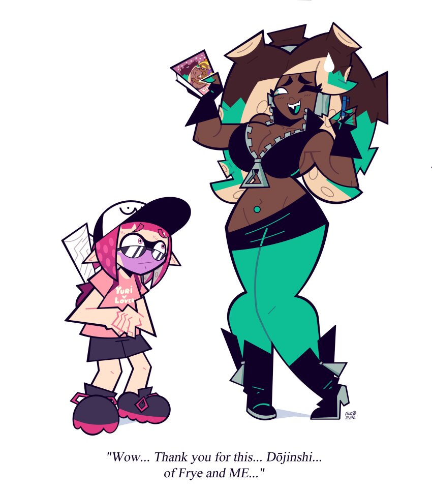 2girls, absurdres, black_footwear, breasts, cephalopod_eyes, cleavage, clothes_writing, crop_top