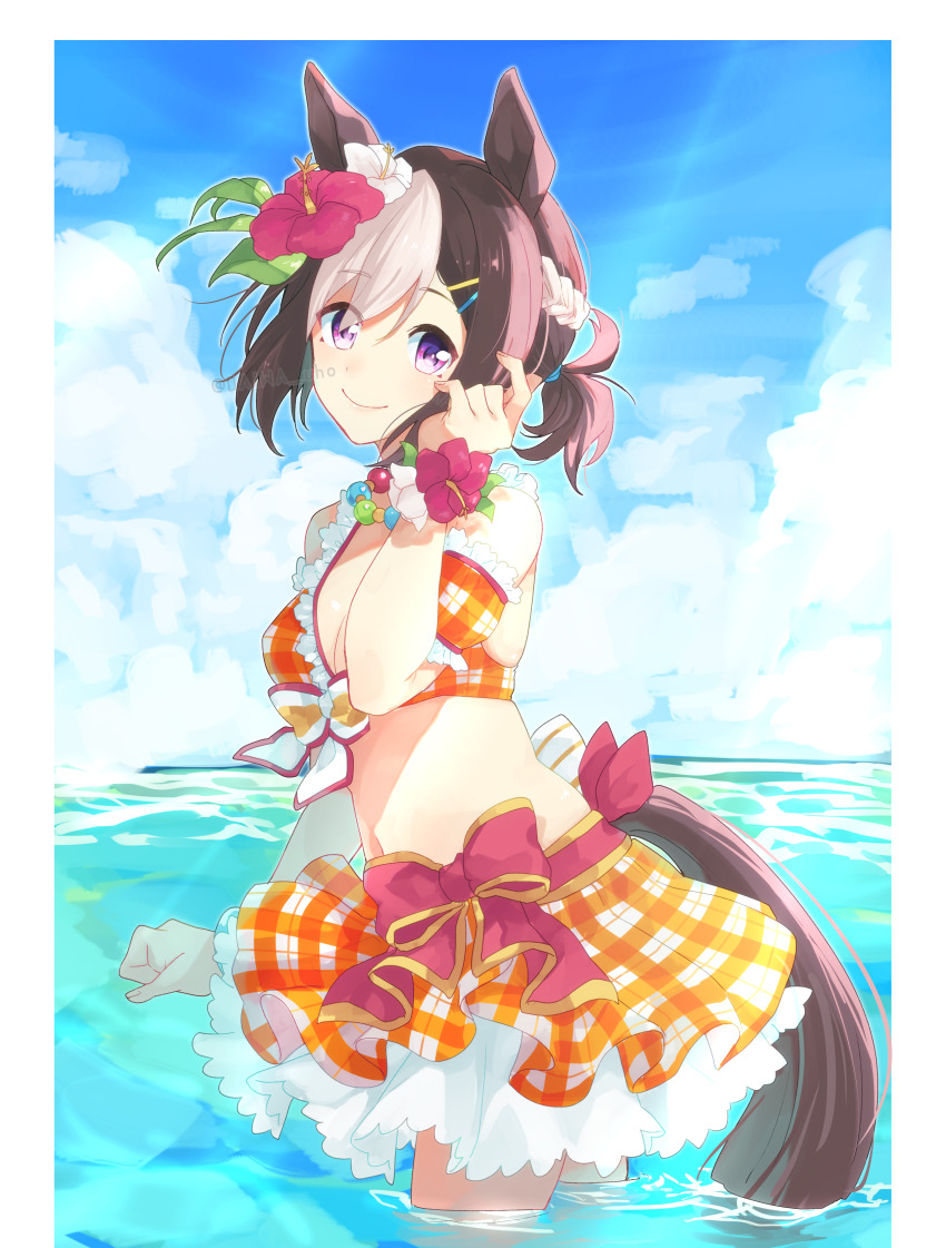 1girl, absurdres, animal_ears, artist_name, bikini, bikini_skirt, braid, brown_hair