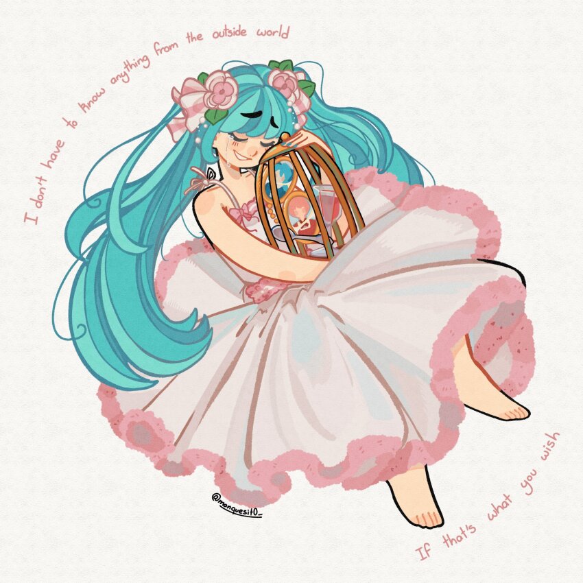 1girl, aqua_eyes, barefoot, bow, cage, clockworker's_doll, crying, dress