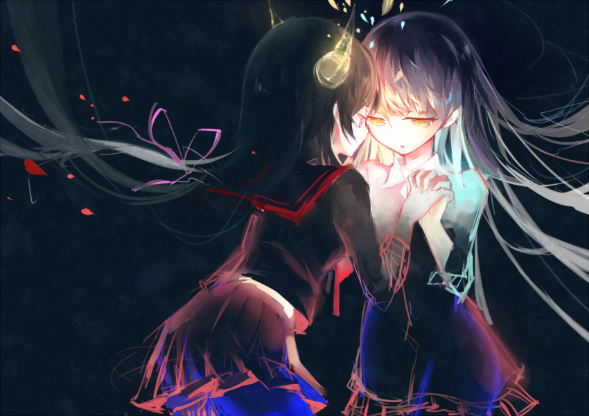 2girls, black_background, black_dress, black_hair, black_pantyhose, black_sailor_collar, black_serafuku, black_shirt, black_skirt, clone, collared_dress, commentary, cowboy_shot, demon_horns, dress, eyelashes, floating_clothes, floating_hair, frilled_dress, frills, from_behind, glowing, hair_ribbon, half-closed_eyes, hatsune_miku, holding_hands, horns, interlocked_fingers, long_hair, long_sleeves, midriff, miniskirt, multiple_girls, pantyhose, parted_lips, petals, pink_ribbon, pleated_skirt, ribbon, sailor_collar, school_uniform, serafuku, sevten_(ashkeroth), shirt, short_dress, skirt, three-quarter_sleeves, ten_shou_shou_ten_shou_(vocaloid), very_long_hair, vocaloid, yellow_eyes, yellow_horns