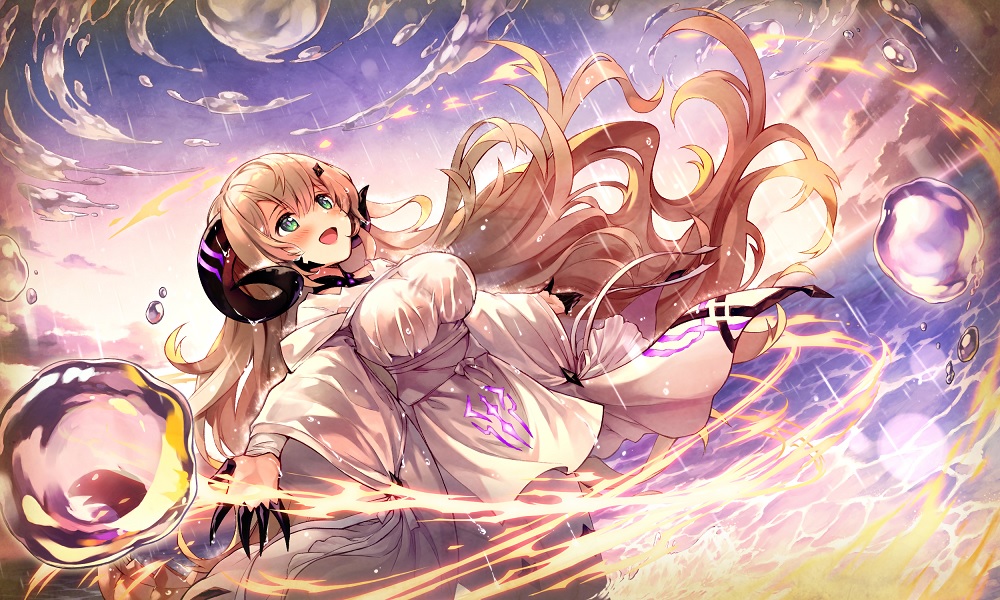 1girl, :d, aqua_eyes, blush, bow, breasts, bubble, dragon_girl