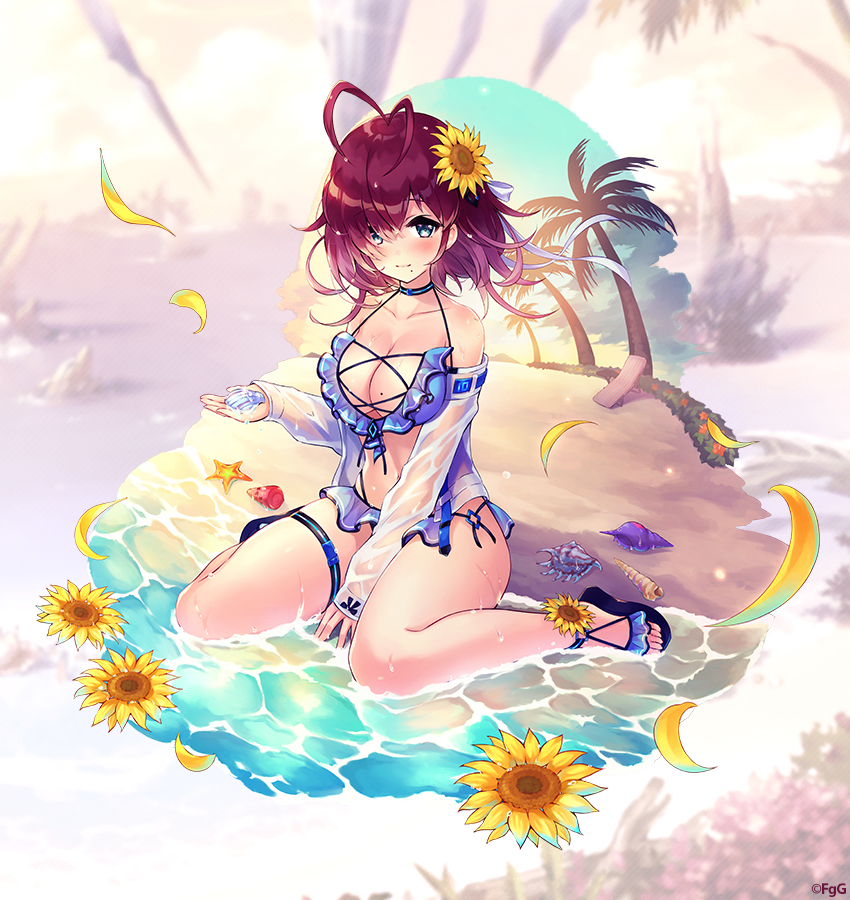 1girl, ahoge, beach, beach_chair, bikini, blush, breasts, bush