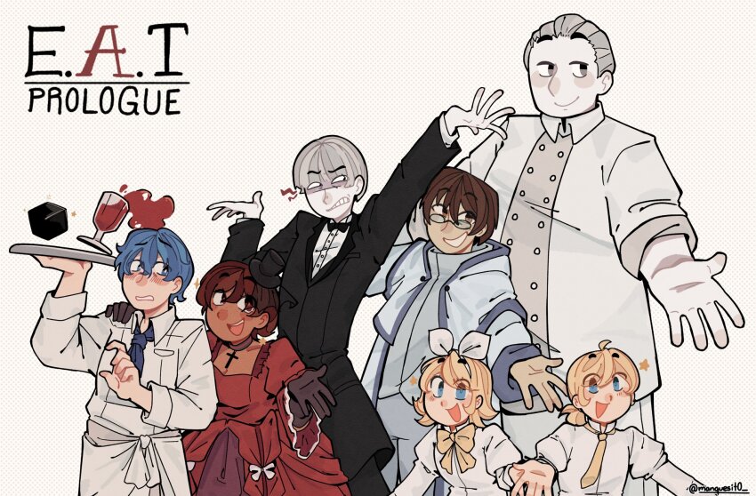 2girls, 5boys, ahoge, alcohol, annoyed, apron, arte_(evillious_nendaiki), ascot