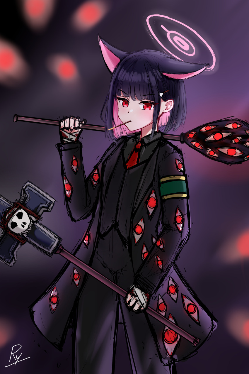 1girl, absurdres, animal_ears, armband, bandaged_hand, bandages, black_hair, black_jacket