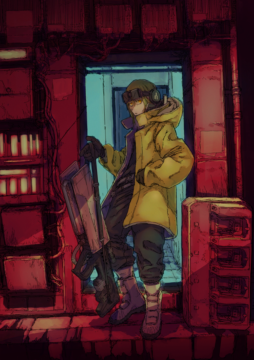 1boy, absurdres, assault_rifle, blonde_hair, boots, brown_gloves, bullpup, commentary, cyberpunk, eyewear_on_head, gloves, gun, highres, holding, holding_gun, holding_weapon, hood, hood_down, iwi_tavor, jacket, open_clothes, open_jacket, orange_eyes, original, rifle, shift96, short_hair, solo, weapon, yellow_jacket