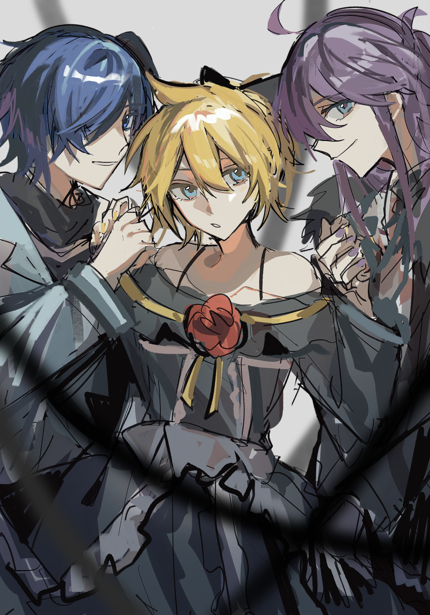 3boys, absurdres, ahoge, bare_shoulders, black_dress, black_ribbon, black_scarf, blonde_hair