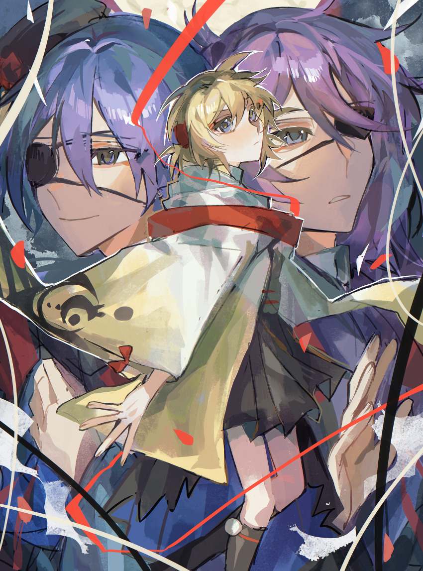 3boys, absurdres, black_skirt, black_socks, blonde_hair, blue_eyes, blue_hair, blush