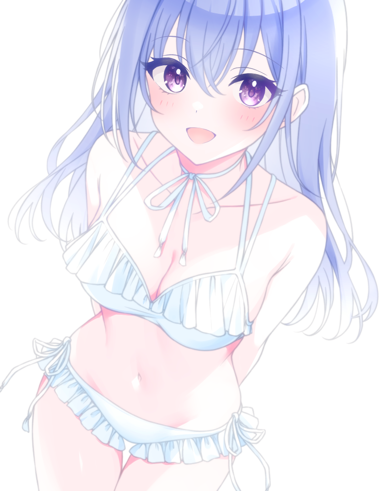 1girl, armpit_crease, arms_behind_back, bikini, blue_hair, blush, breasts, cleavage
