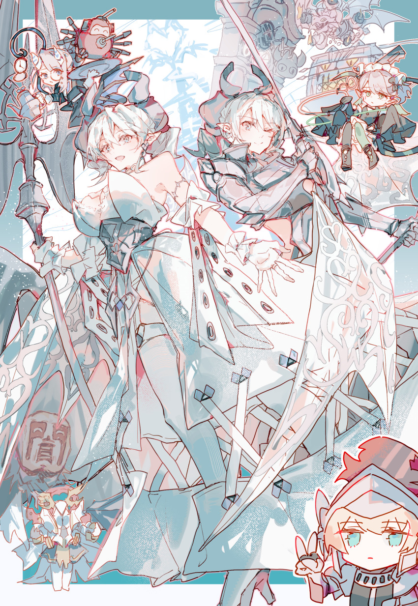 5girls, absurdres, arianna_the_labrynth_servant, arias_the_labrynth_butler, armor, axe, breasts, butler, character_request, cleavage, dress, dual_persona, duel_monster, earrings, gloves, helmet, high_heels, highres, holding, holding_axe, holding_plate, holding_sword, holding_teapot, holding_weapon, horns, jewelry, ken1212ab, knight, knight_(yu-gi-oh!), labrynth_chandraglier, labrynth_cooclock, labrynth_stovie_torbie, lady_labrynth_of_the_silver_castle, lovely_labrynth_of_the_silver_castle, maid, multiple_girls, plate, pointy_ears, sword, teapot, v, weapon, yu-gi-oh!