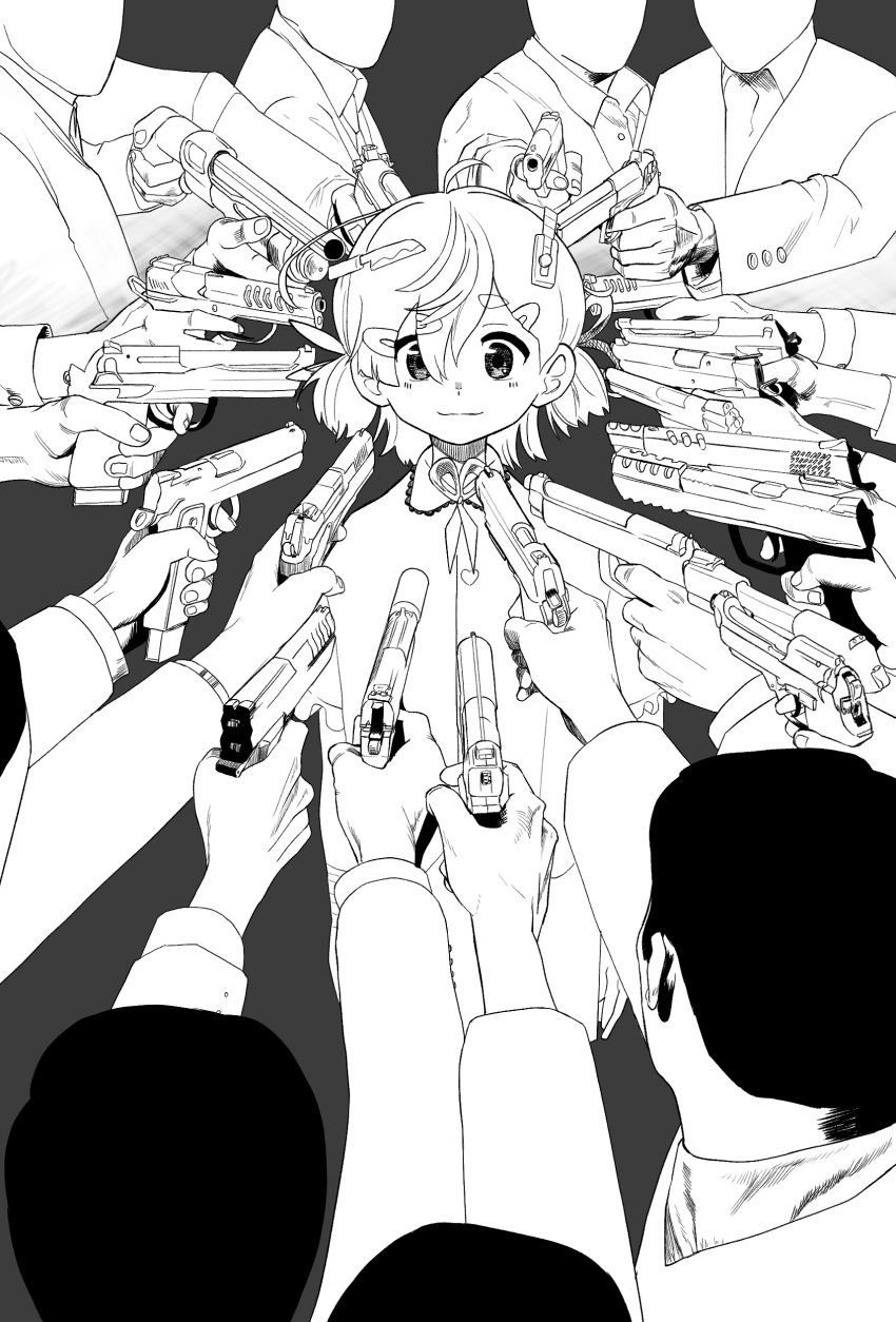 1girl, 6+boys, absurdres, ahoge, aiming, arms_at_sides, beretta_92, boxcutter