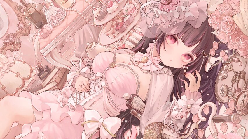 1girl, black_hair, book, book_stack, bow, breasts, dress, flower, food, hair_ornament, heart, highres, himemiya_rie, himemiya_rie_(2nd_costume), inkwell, jewelry, key, long_hair, lying, mole, mole_on_breast, multicolored_hair, official_art, on_back, phase_connect, pink_dress, pink_eyes, pink_flower, pink_hair, pink_rose, quill, ring, rose, shiiro_illust, solo, streaked_hair, table, teapot, virtual_youtuber, white_bow