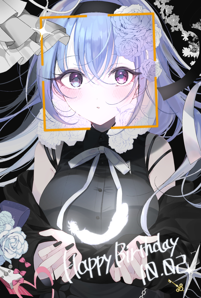 1girl, black_hairband, black_jacket, black_shirt, blue_flower, blue_hair, blue_rose, blush