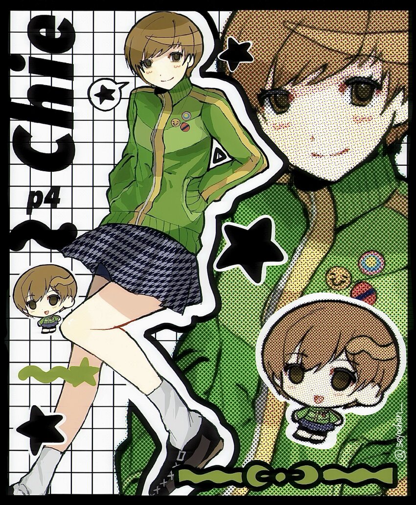 1girl, absurdres, black_border, border, brown_hair, character_name, checkered_background, chibi