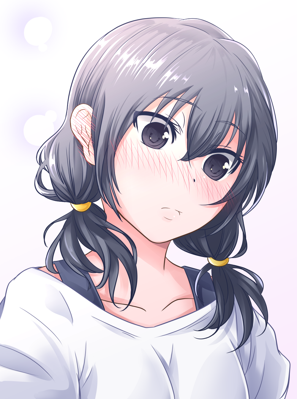 1girl, black_eyes, black_hair, blush, breasts, bubble_background, casual, closed_mouth