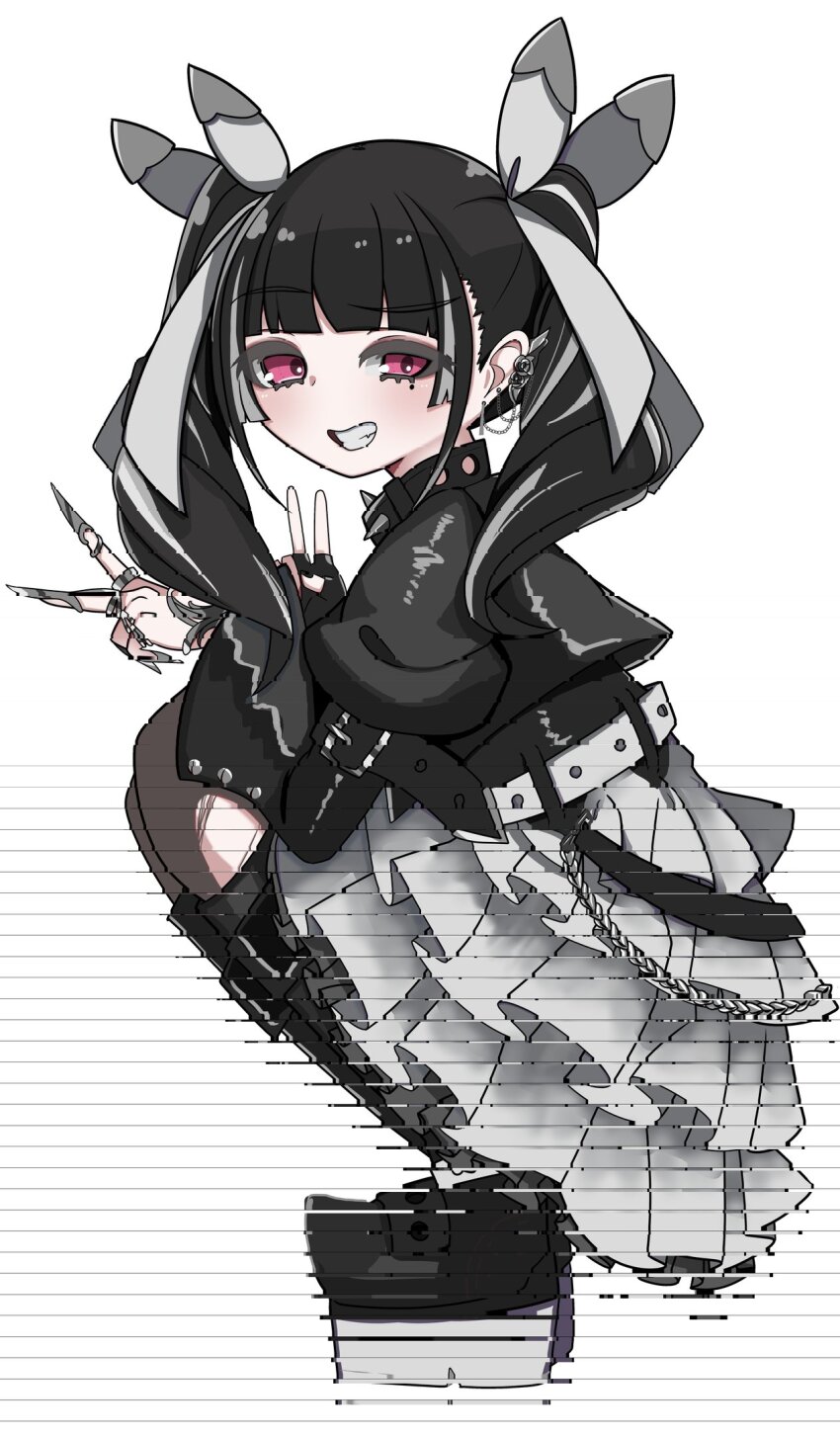 1girl, b_ub6, black_choker, black_footwear, black_gloves, black_hair, black_jacket, black_thighhighs, blunt_ends, boots, choker, commentary, double_v, dress, ear_piercing, english_commentary, eyeshadow, fingerless_gloves, frilled_dress, frills, full_body, glitch, gloves, grey_hair, grin, highres, jacket, leather, leather_jacket, looking_back, makeup, multicolored_hair, nexas_(vtuber), nox_orphee, piercing, pink_eyes, second-party_source, shoes, sidelocks, single_fingerless_glove, single_glove, smile, solo, spiked_choker, spikes, teeth, thighhighs, twintails, two-tone_hair, v, virtual_youtuber, white_background