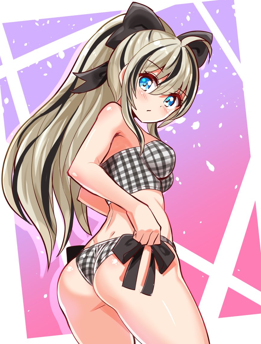 1girl, ass, bare_shoulders, black_hair, blue_eyes, blush, borrowed_character, bow, breasts, cougar_(cougar1404), from_behind, hair_bow, light_brown_hair, long_hair, looking_at_viewer, medium_breasts, mello_(vtuber), multicolored_hair, original, panties, ponytail, sideboob, solo, strapless, tube_top, two-tone_hair, underwear, very_long_hair, virtual_youtuber, wedgie