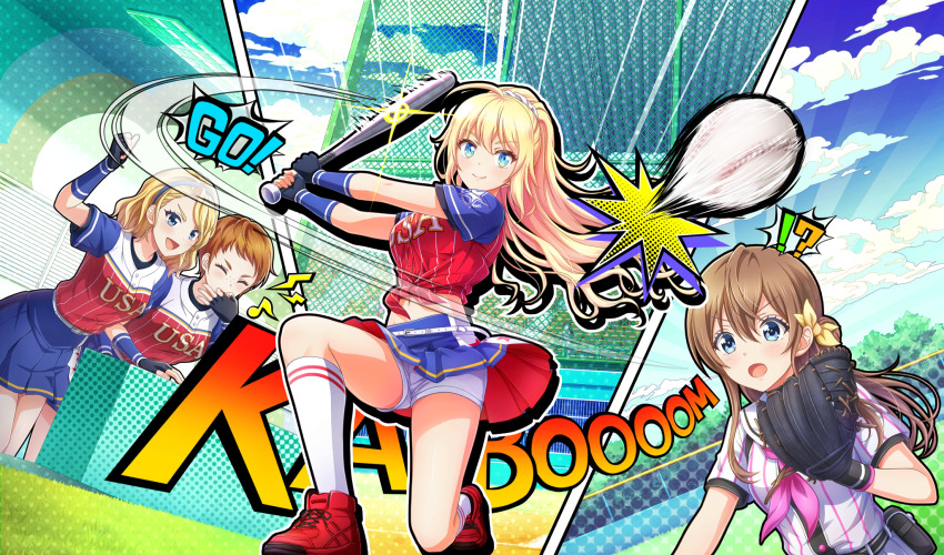 !?, 4girls, :d, amelia_thunders, arihara_tsubasa, arm_up, ball, baseball