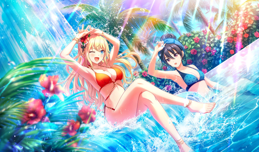 2girls, ;d, amelia_thunders, barefoot, bikini, black_hair, blonde_hair, blue_bikini