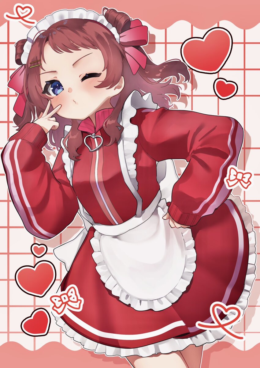 1girl, apron, back_bow, blue_eyes, blush, bow, brown_hair, commentary_request