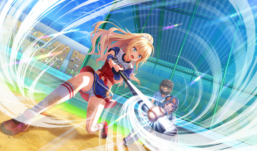 3girls, amelia_thunders, ball, baseball, baseball_(object), baseball_bat, baseball_glove, baseball_stadium