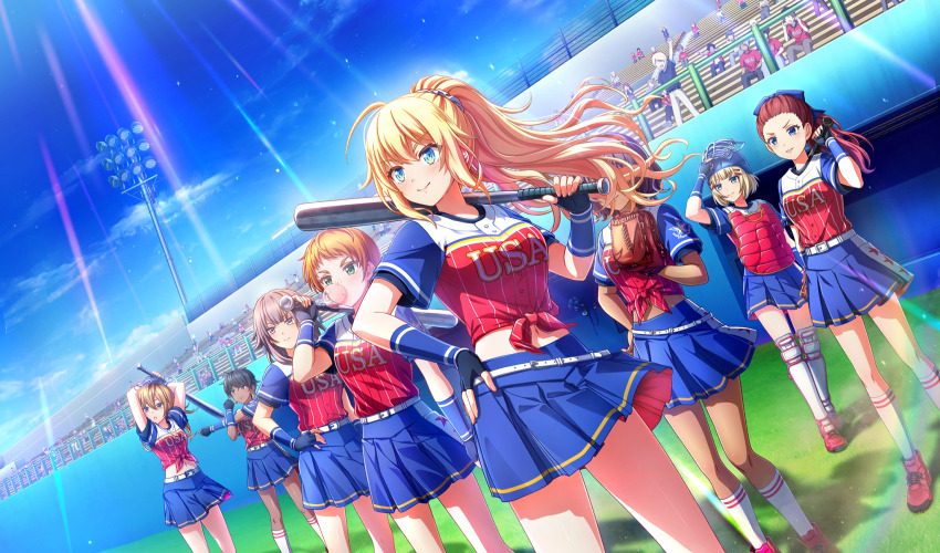 amelia_thunders, baseball_bat, baseball_glove, baseball_stadium, baseball_uniform, belt, belt_buckle, black_gloves