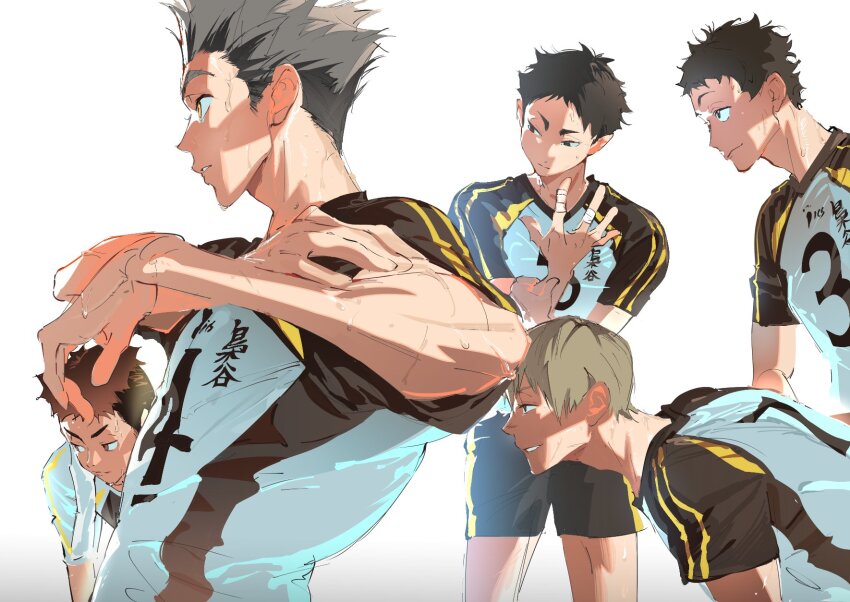 5boys, akaashi_keiji, atie1225, black_hair, black_shorts, blonde_hair, bokuto_koutarou, brown_eyes
