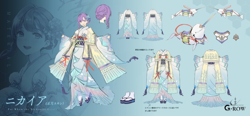 1girl, aqua_background, aqua_kimono, beluga_whale, braid, breasts, character_name, reference_sheet